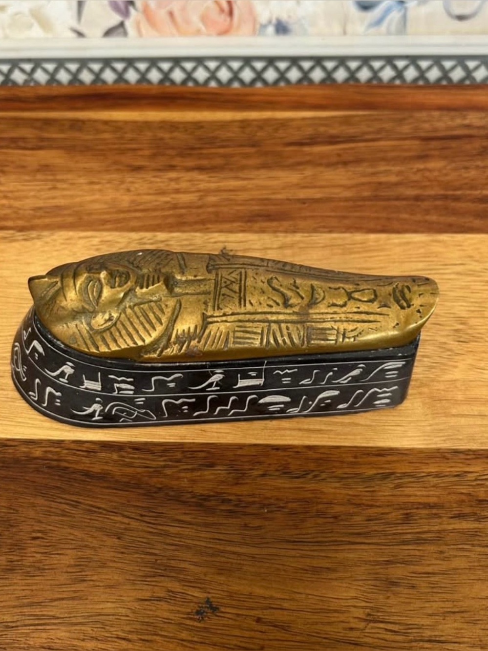 Egyptian brass sarcophagus decor
